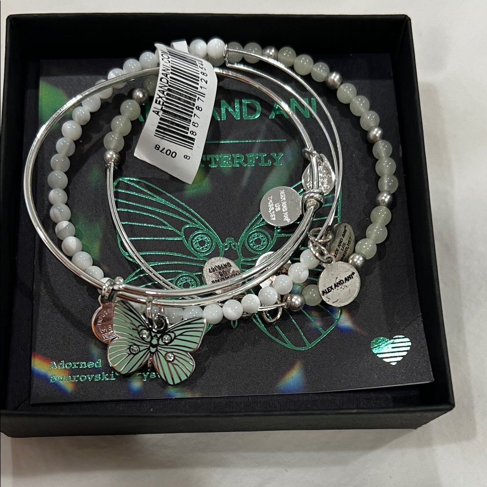 Alex and Ani Silver and Green Butterfly Bracelet Set